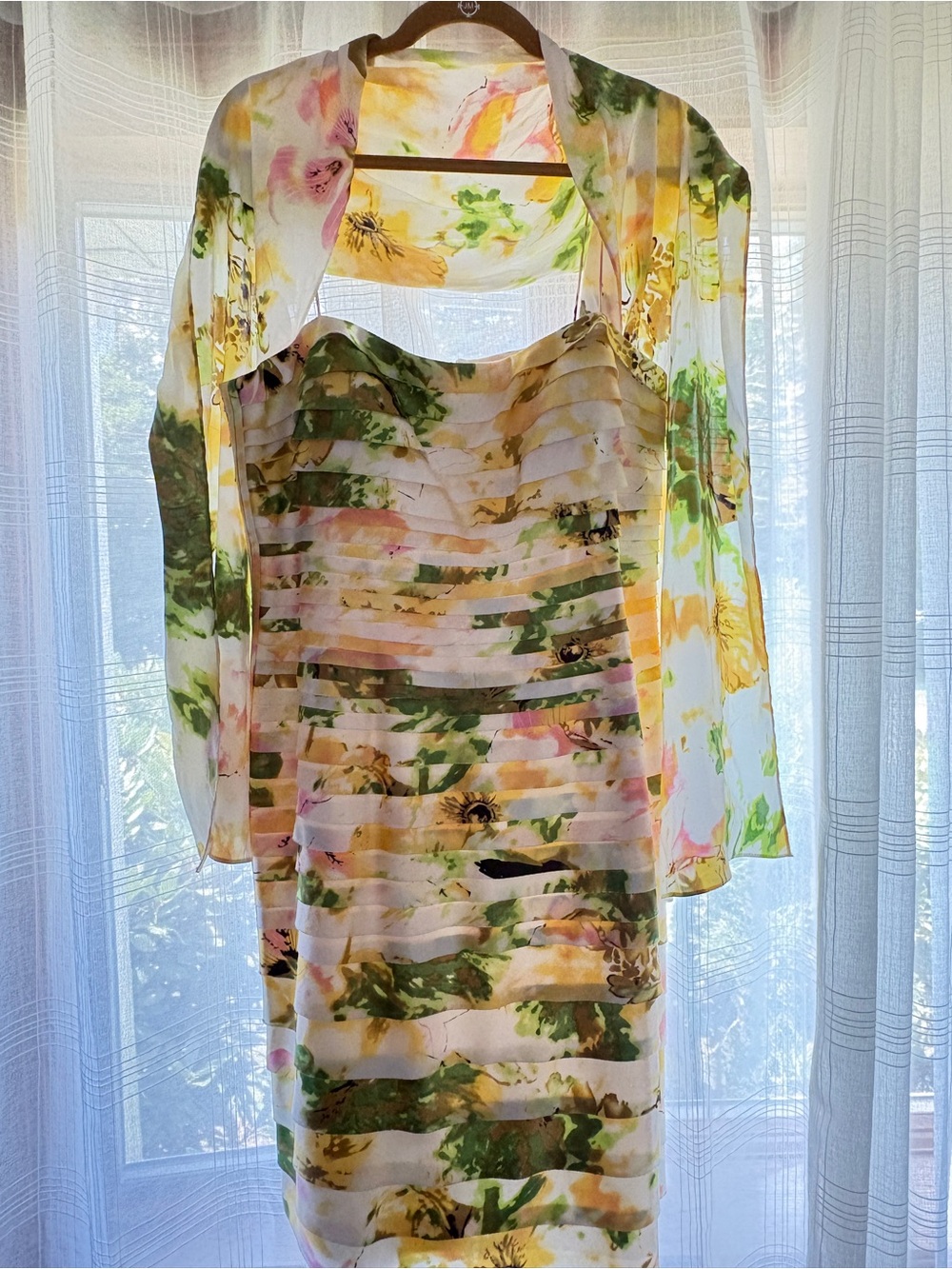 JS Collections Strapless Floral Mini Dress in Cream, Green, and Yellow